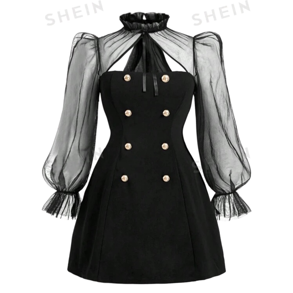 Mod Gothic TTPD inspired button dress w/ sheer puff sleeves tie neck size medium